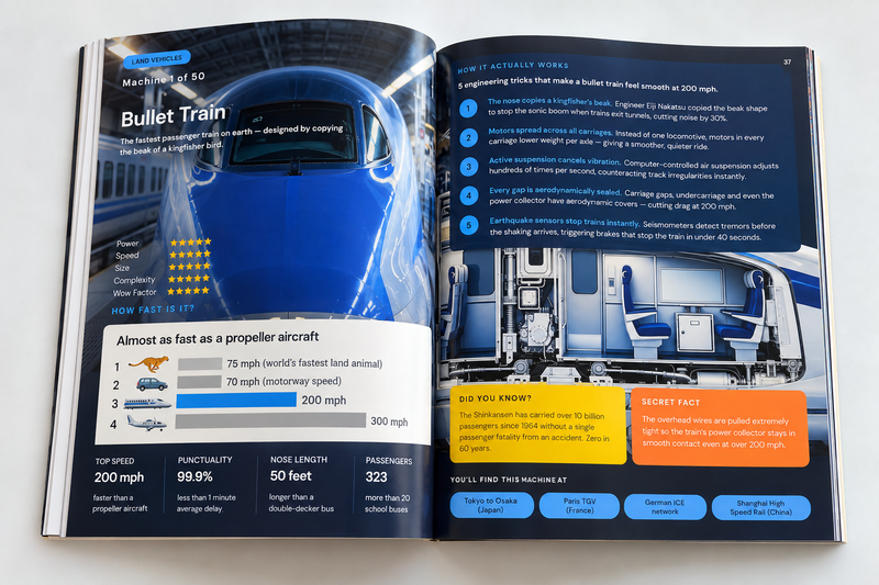 Book interior spread showing cutaway diagrams, real stats, and fun facts